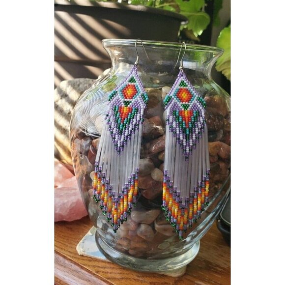 Beaded Handmade Dangle Earrings With Southwestern Geometric Design - Picture 2 of 2